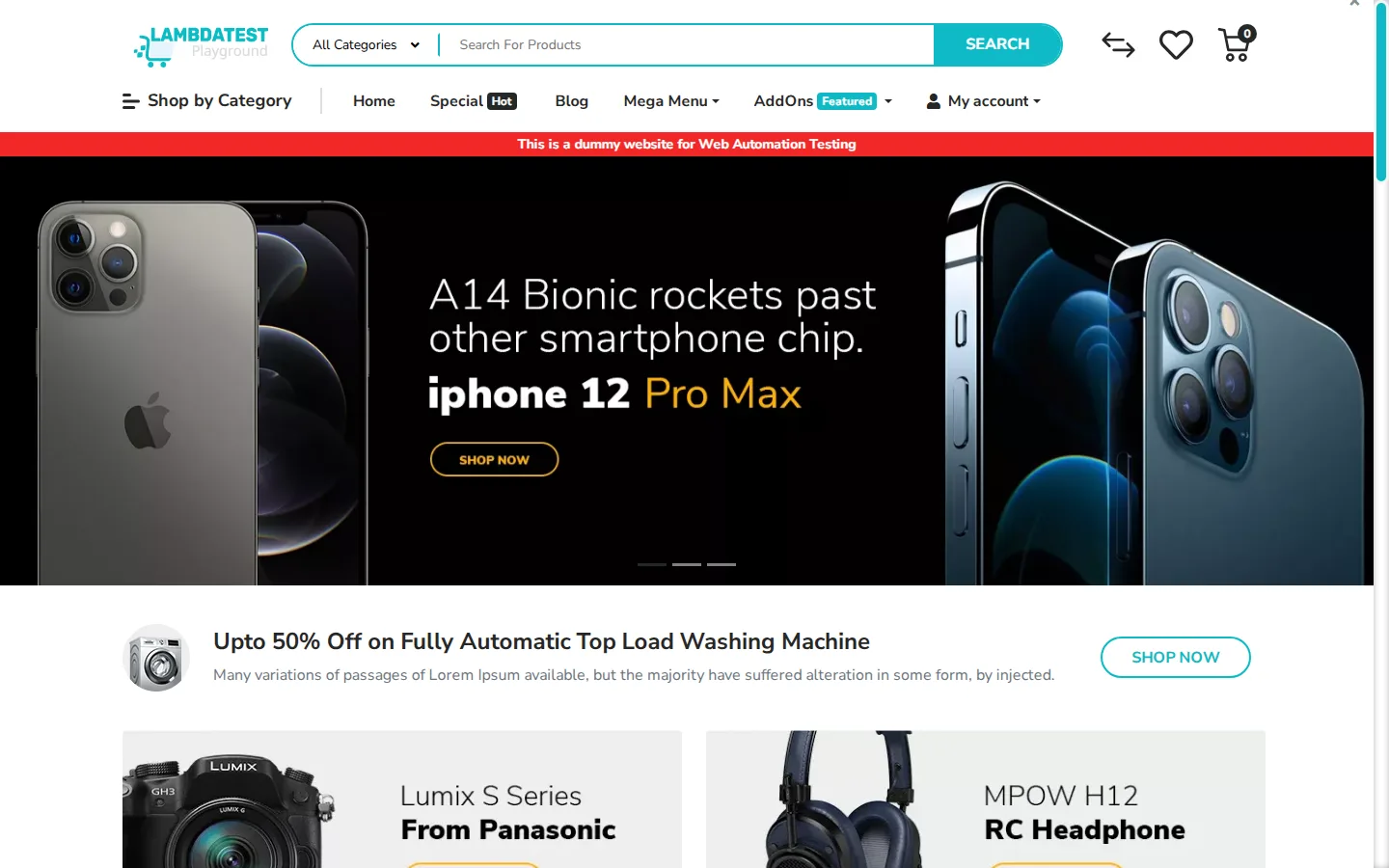 Real TestMu AI cloud capture where banner text lives in the image, not the DOM A TestMu AI cloud browser session showing an ecommerce storefront where the iPhone 12 Pro Max promotional headline is rendered inside the banner image, not the DOM