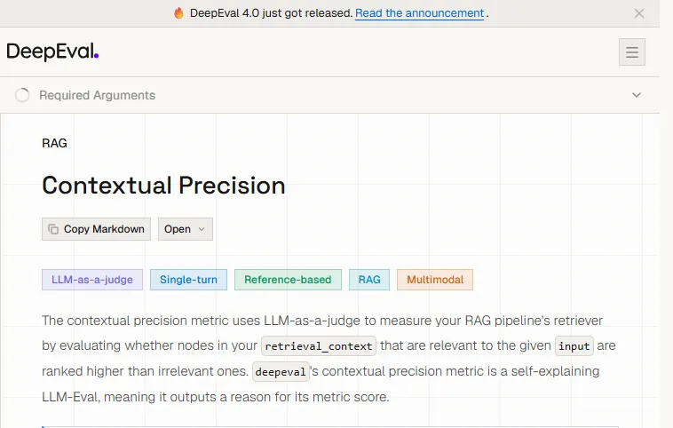 DeepEval contextual precision metric documentation DeepEval documentation defining the contextual precision metric for RAG retriever evaluation