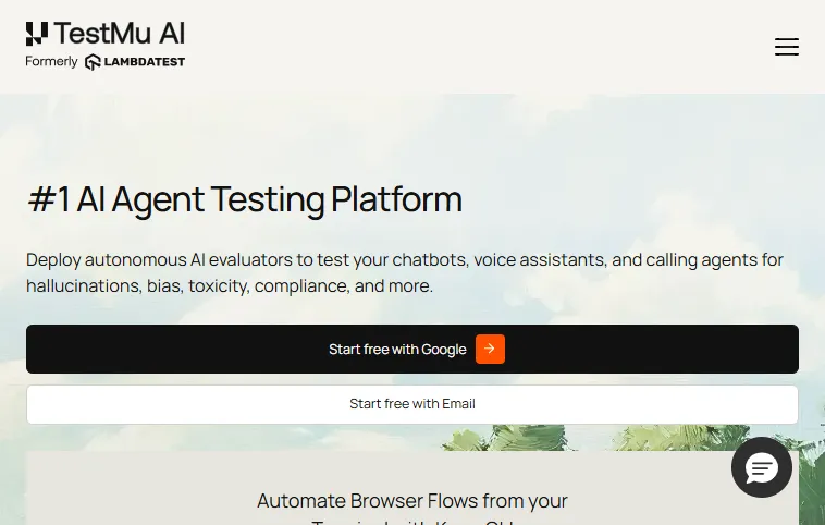 TestMu AI Agent Testing platform TestMu AI Agent Testing platform page describing autonomous evaluators for hallucination, bias, and compliance