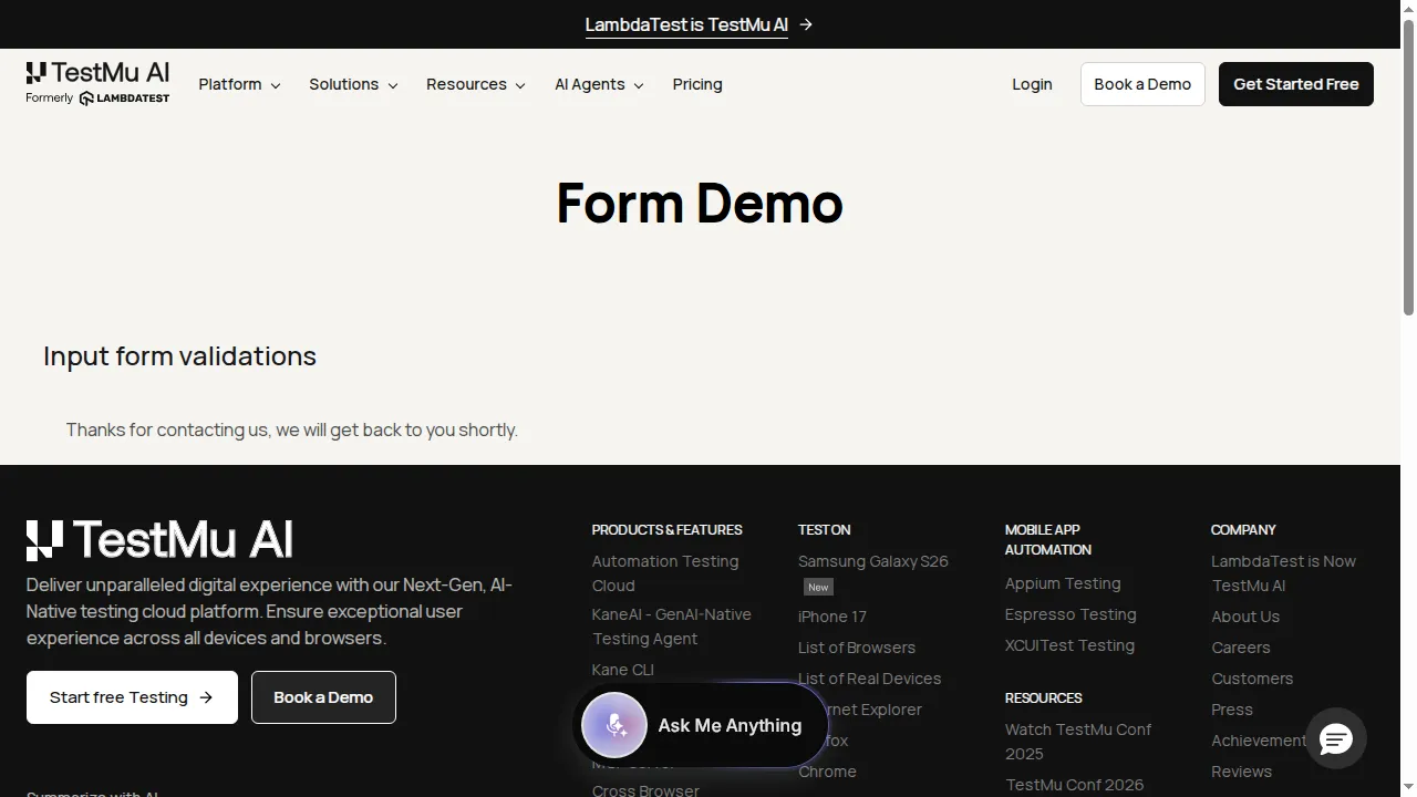 RPA bot regression run on TestMu AI - submission confirmed Success confirmation after an RPA-style form submission executed on a TestMu AI cloud browser
