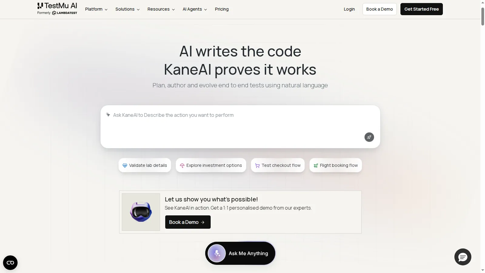 KaneAI natural language test authoring surface with a prompt box and suggested flows like test checkout flow and flight booking flow