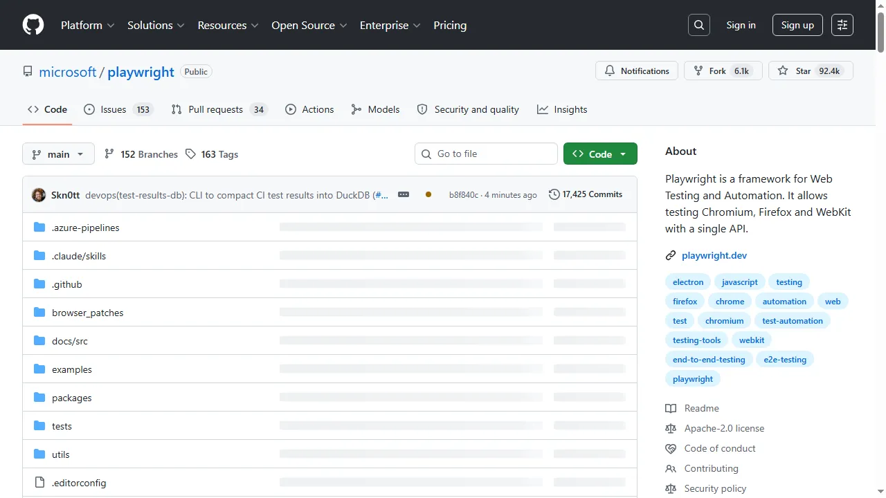 Live benchmark session: UI automation reading GitHub repo data on TestMu AI Automation Cloud TestMu AI cloud browser session scraping a GitHub repository page during the RPA vs API integration benchmark, with the star count and description rendered while the file table still shows loading skeletons