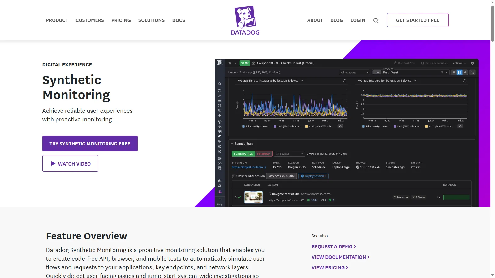 Datadog Synthetic Monitoring product page describing API tests and browser tests from global locations