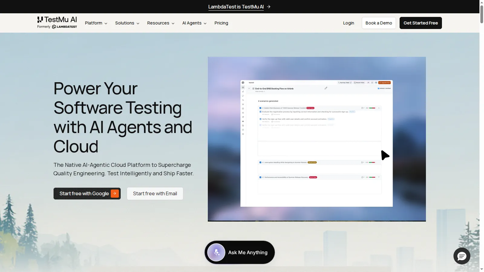 TestMu AI homepage showing the GenAI-native testing platform for web and mobile applications