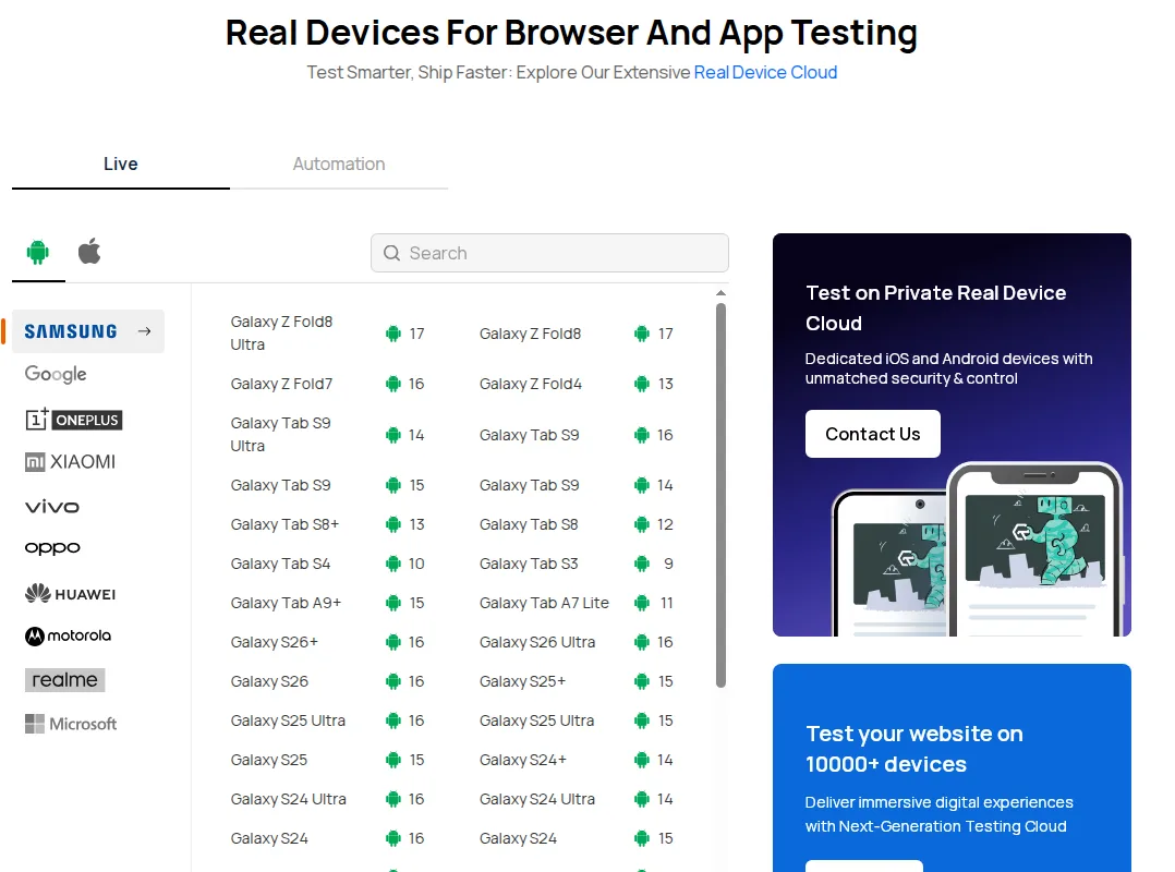 Galaxy Z Fold8 Ultra and Galaxy Z Fold8 on the TestMu AI real device list TestMu AI real device list showing Galaxy Z Fold8 Ultra and Galaxy Z Fold8 on Android 17 under the Samsung section