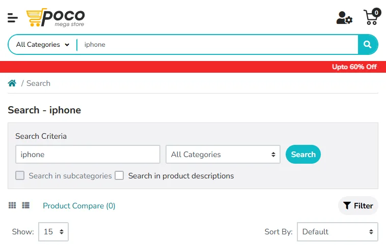 Real search-functionality test run on the TestMu AI cloud - Ecommerce Playground search for iphone Search results for iphone on the Ecommerce Playground captured on the TestMu AI cloud, showing the search box, search criteria, and eight-result heading
