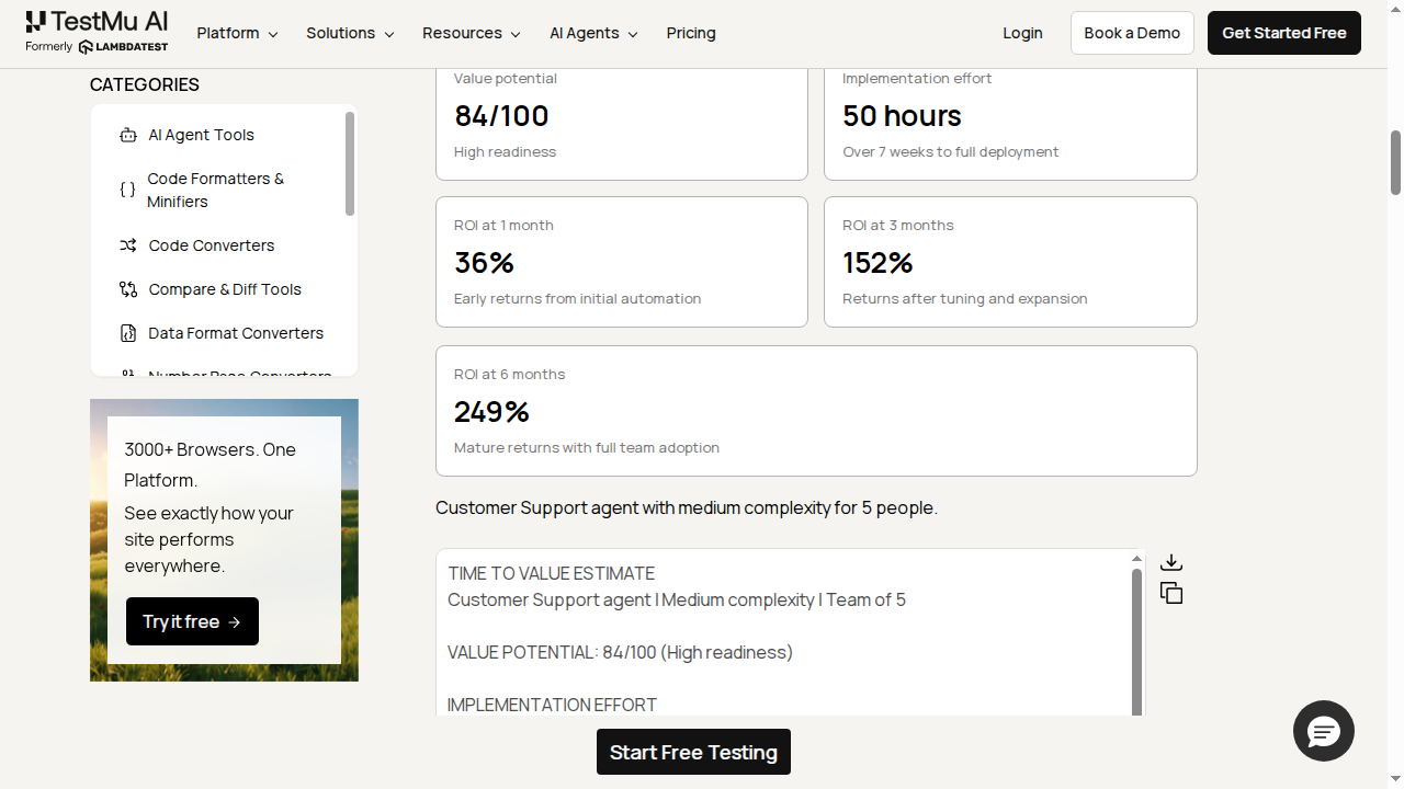 Time to Value Calculator showing an 84 out of 100 value-potential score, 50 effort hours over 7 weeks, and ROI of 36, 152, and 249 percent for a Customer Support agent