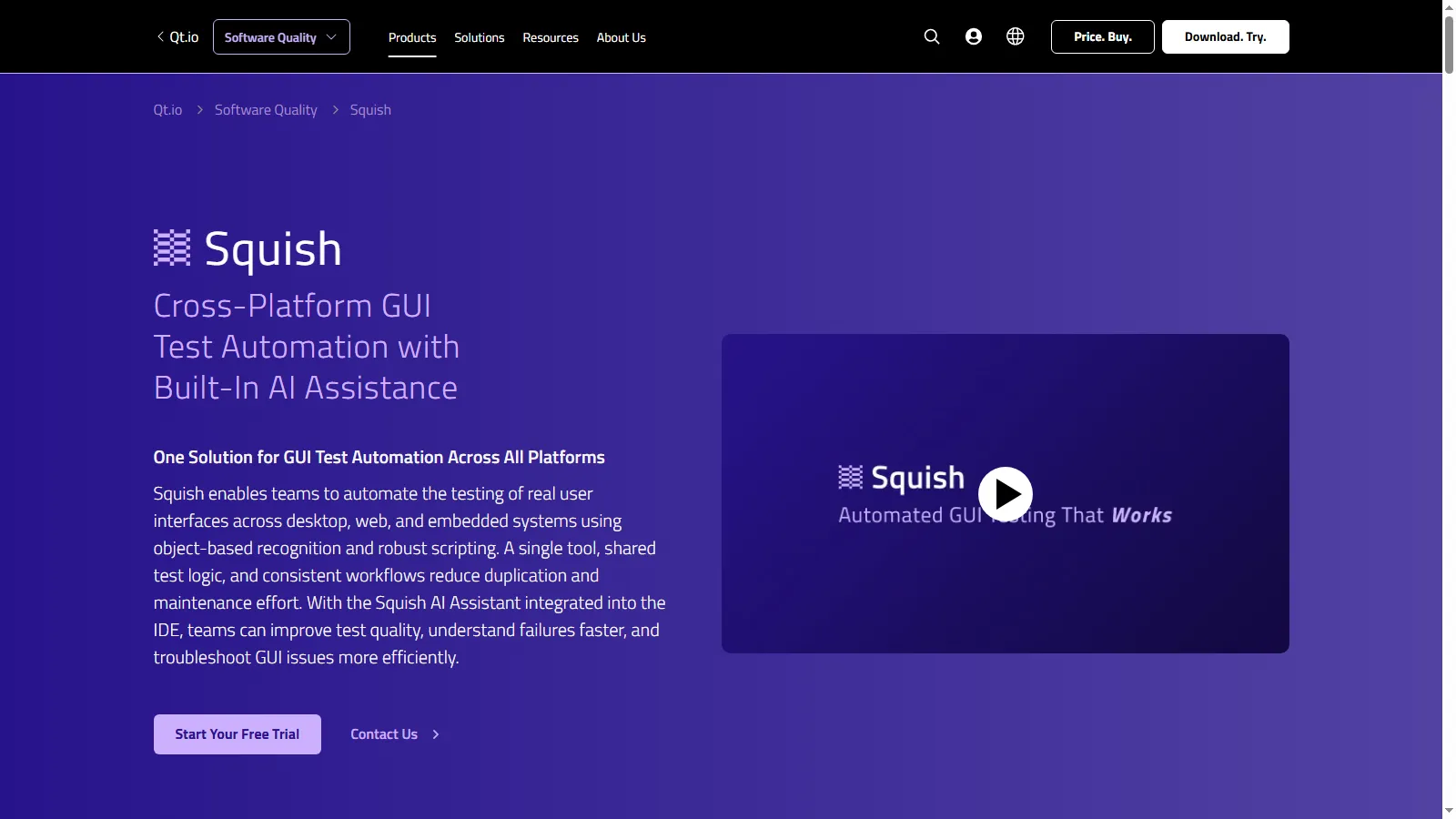 Squish GUI test automation by Qt Group Squish product page describing cross-platform GUI test automation with built-in AI assistance
