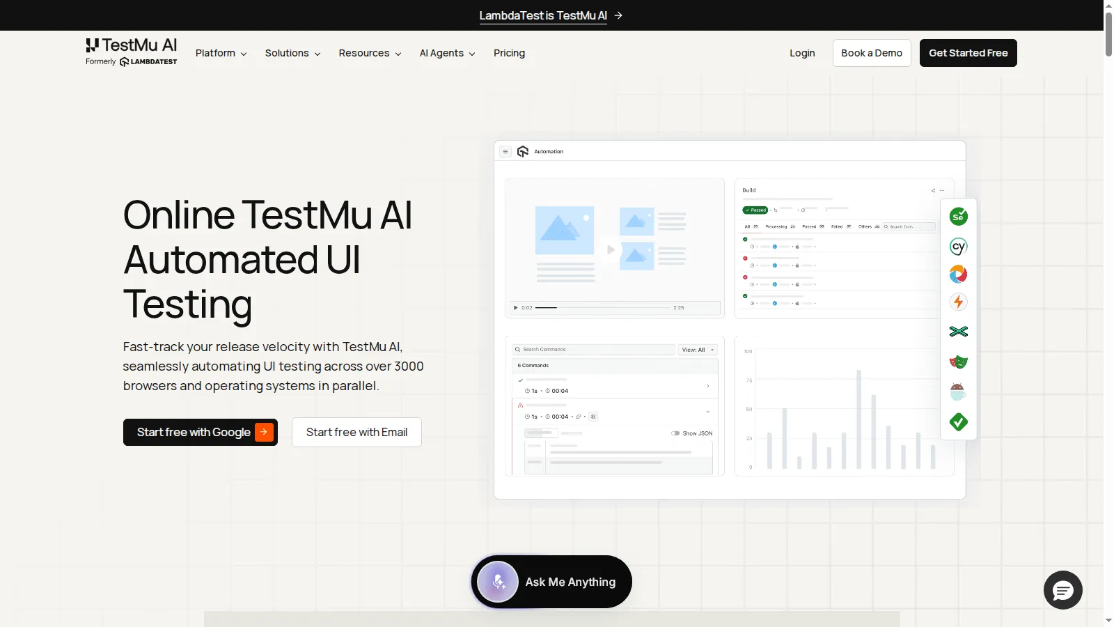 TestMu AI automated UI testing page showing parallel UI test execution across 3000+ browsers and operating systems