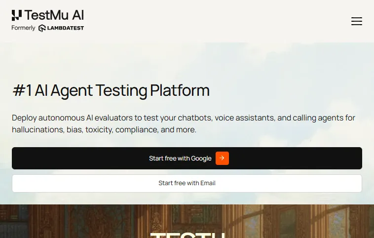 TestMu AI Agent Testing - autonomous evaluation for AI agents TestMu AI Agent Testing platform page describing autonomous evaluators for chatbots, voice assistants, and calling agents