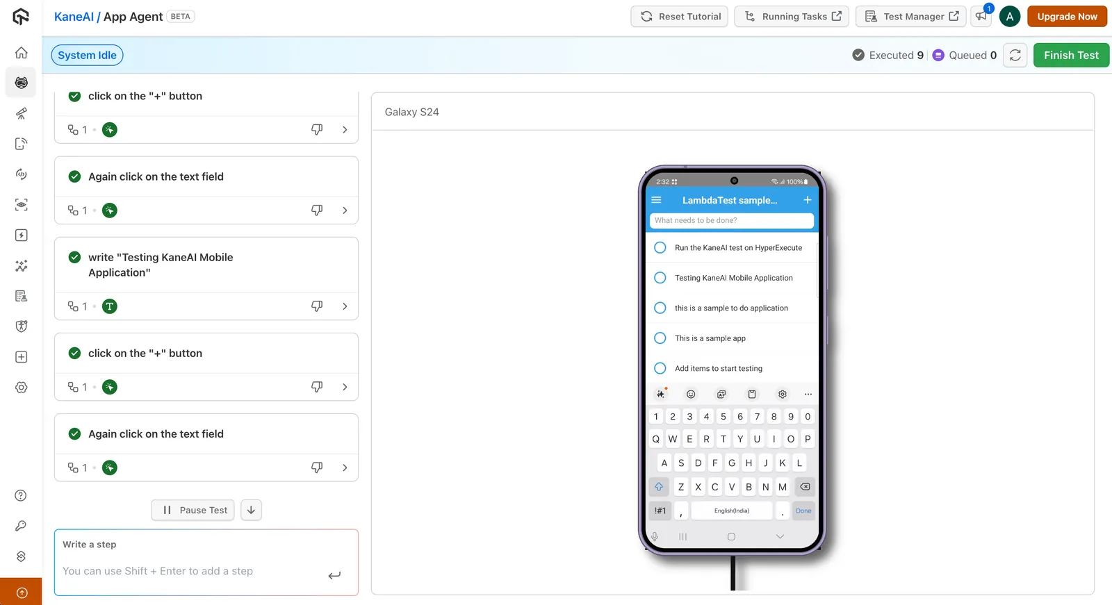 KaneAI App Agent live test authoring KaneAI App Agent executing plain-English test steps on a real Galaxy S24, with each step marked as executed and a live device preview