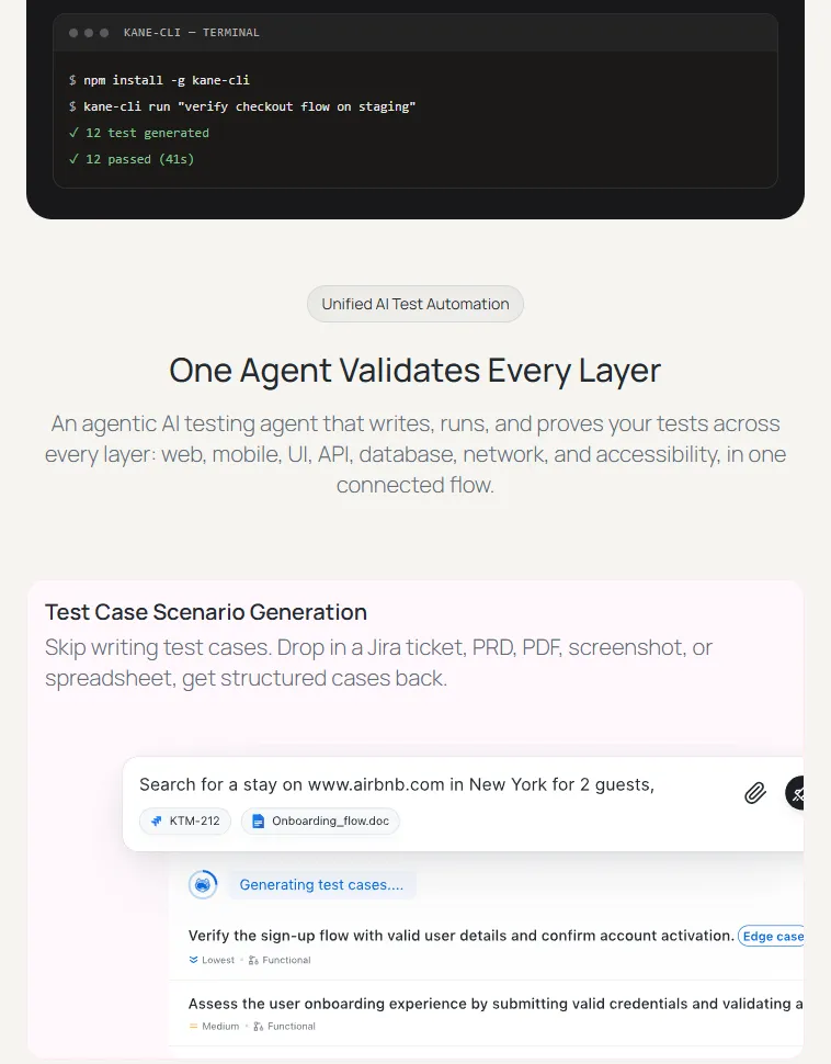 KaneAI natural-language test generation KaneAI generating structured test cases from a plain-English prompt with a Jira ticket attached, below a Kane CLI run that generated and passed 12 tests