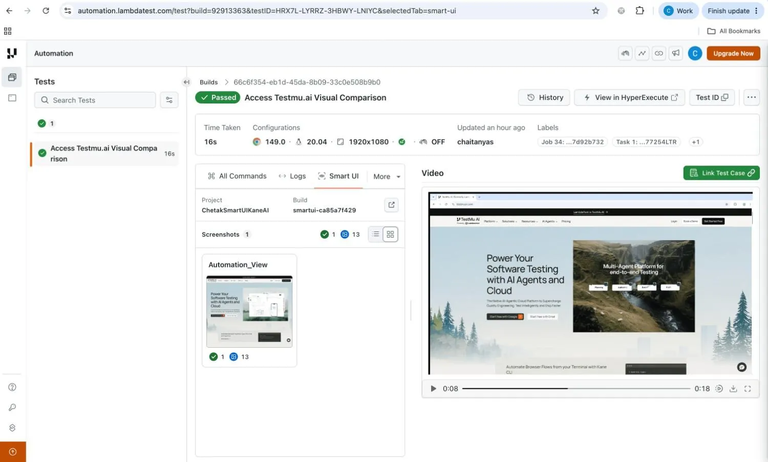 SmartUI visual comparison view Smart UI tab in the TestMu AI Automation dashboard showing a passed visual comparison build with screenshot diff counts and a run video