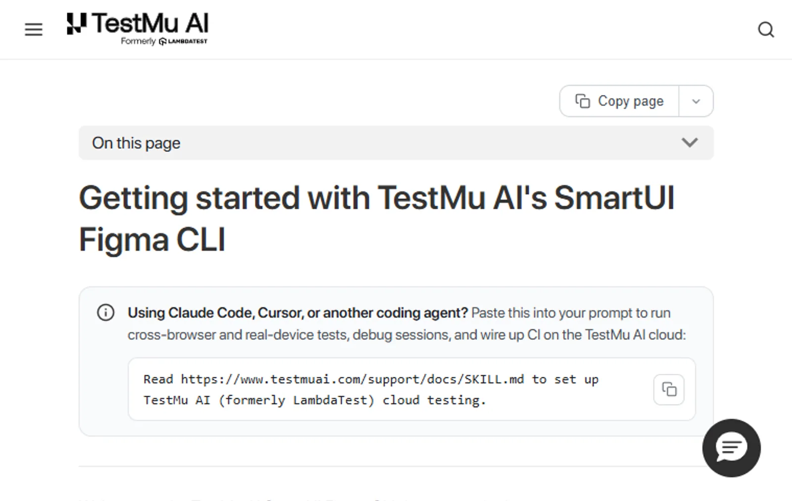 TestMu AI SmartUI Figma CLI setup docs, captured live TestMu AI SmartUI Figma CLI documentation page with a callout instructing AI coding agents like Claude Code and Cursor how to set up cloud testing