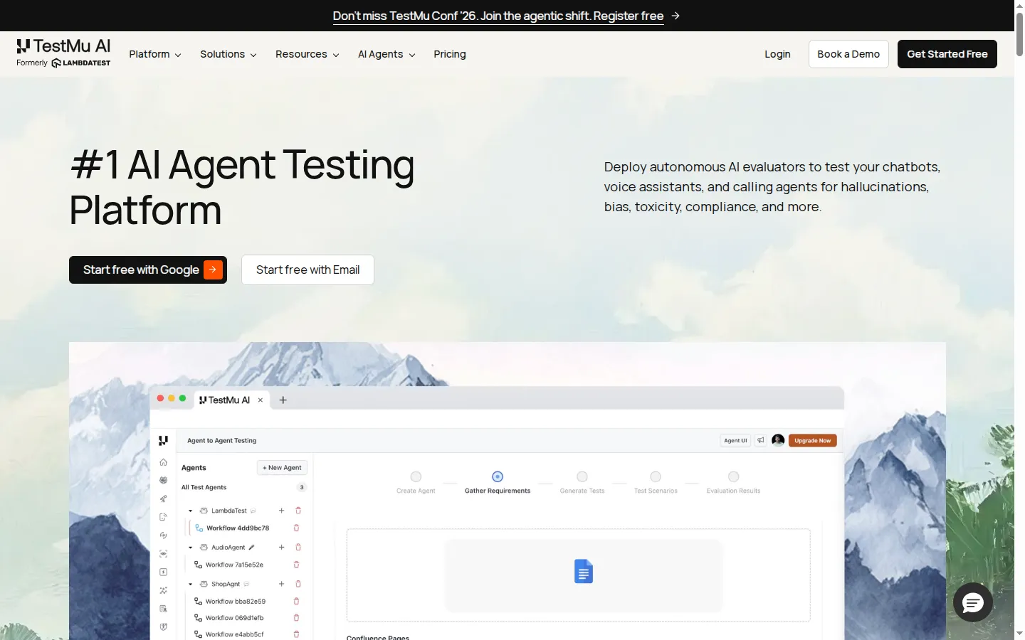 TestMu AI Agent Testing platform page describing autonomous evaluation of chat, voice, and phone AI agents