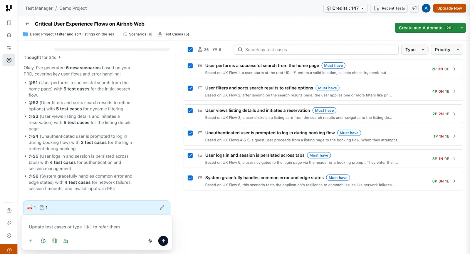 TestMu AI Test Manager showing six scenarios and 26 test cases generated from an attached PRD, each tagged Must have