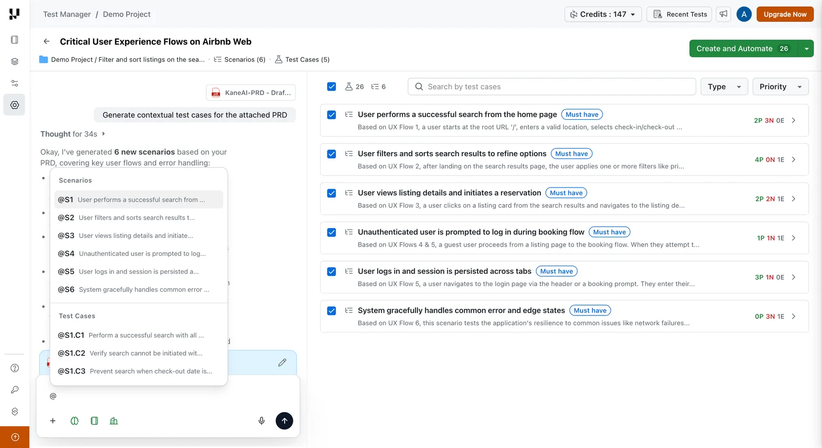 The @ reference autocomplete in TestMu AI Test Manager listing scenarios S1 to S6 and individual test cases such as S1.C1