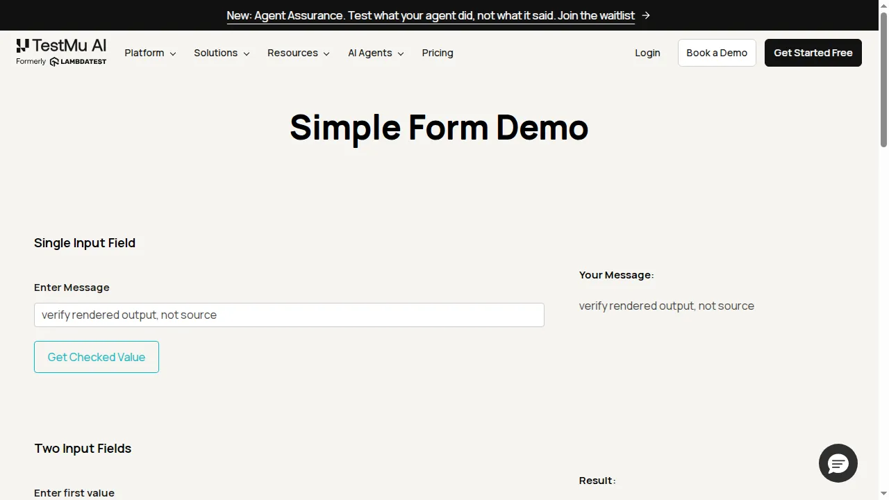 Rendered-surface assertion on the TestMu AI cloud, build 102686377 TestMu AI cloud session showing the Selenium Playground Simple Form Demo with the submitted message rendered on the page