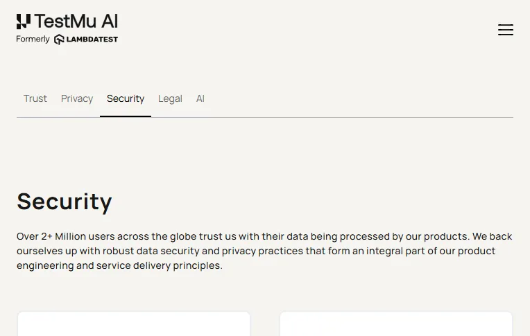TestMu AI trust centre - Security tab TestMu AI trust centre showing the Security tab alongside Trust, Privacy, Legal, and AI sections