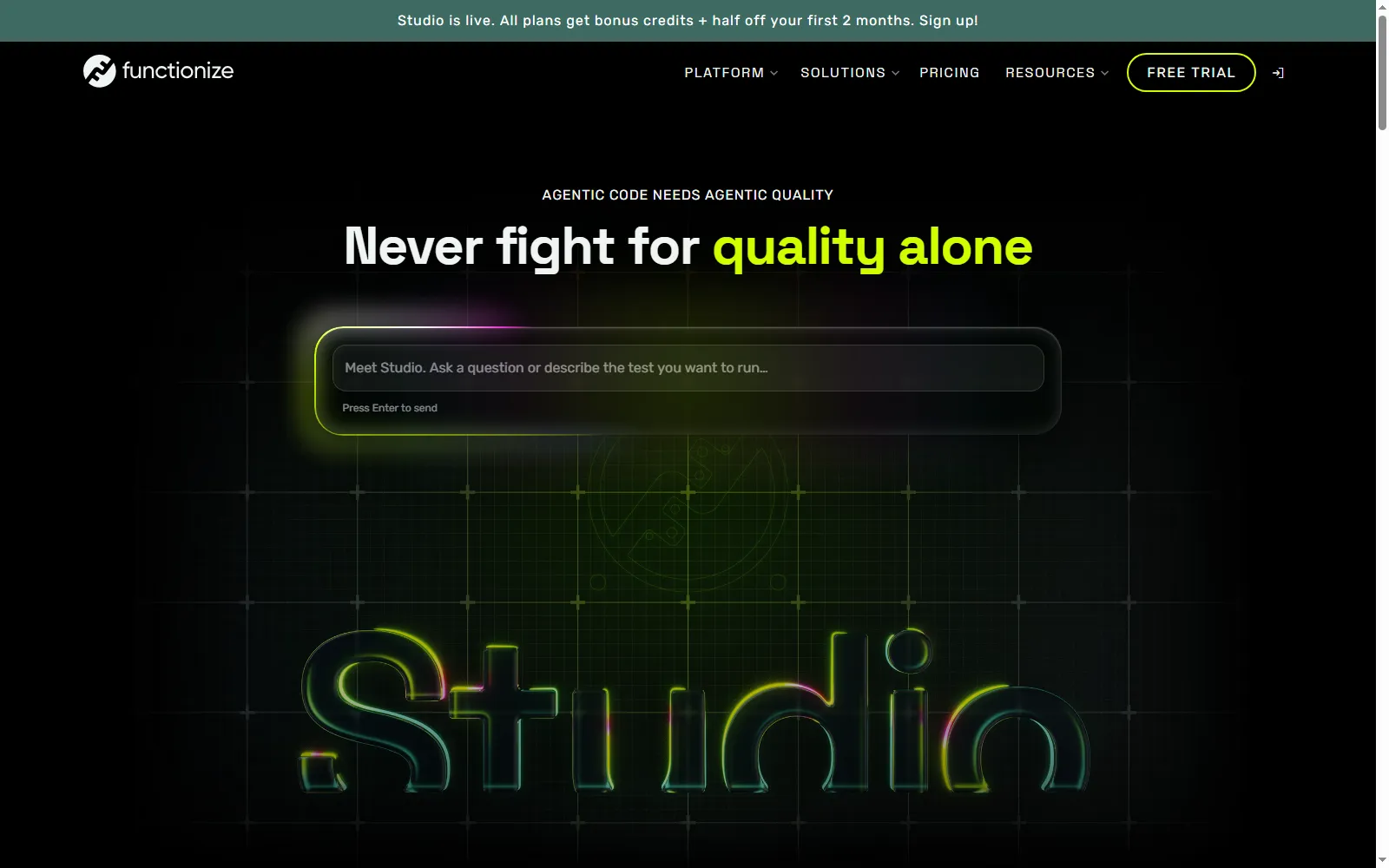 Functionize home page showing the Studio prompt box for describing a test in natural language