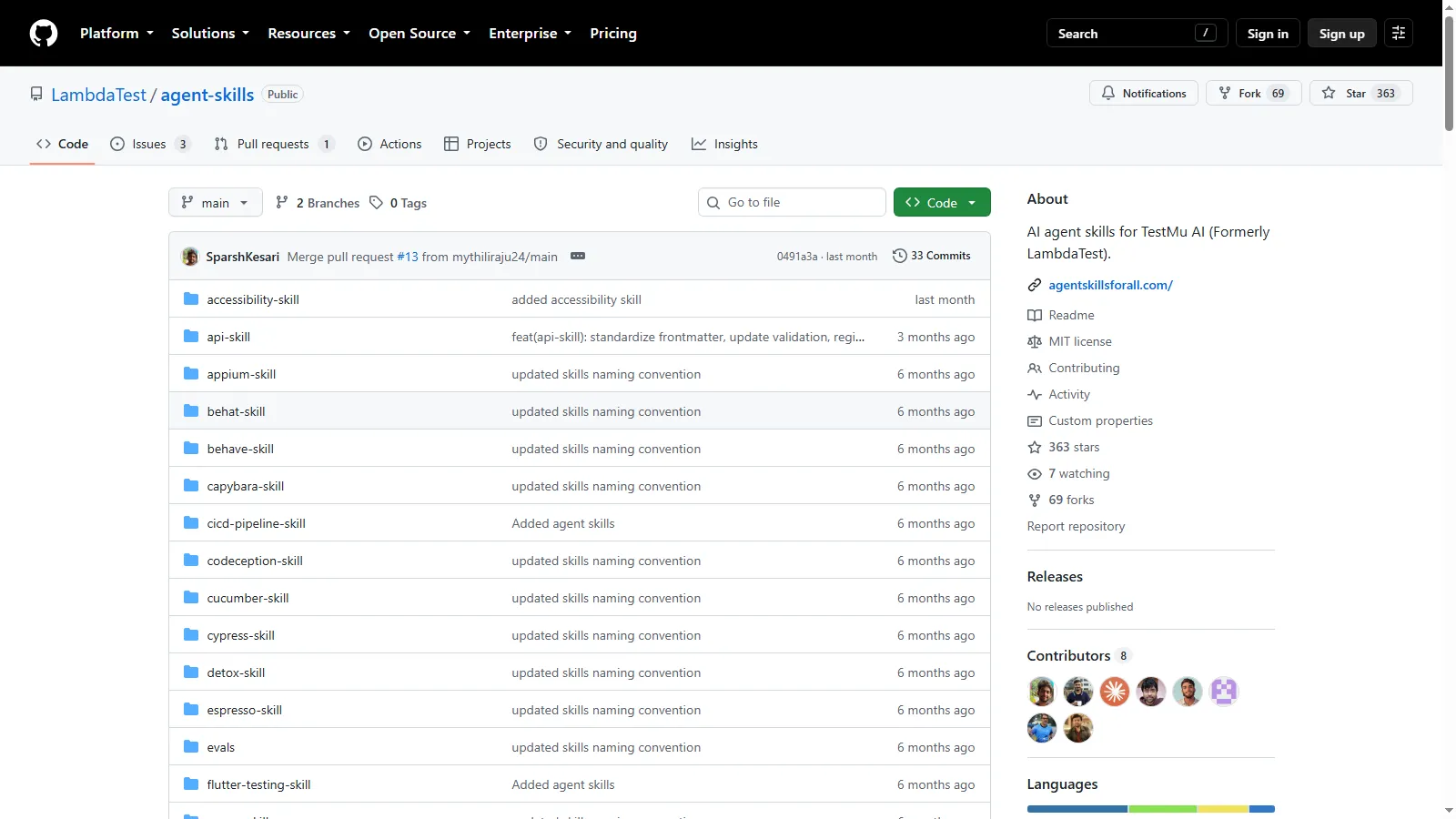 The open-source agent-skills library that installs into .claude/skills The public LambdaTest agent-skills repository on GitHub showing per-framework Claude Code skill directories including appium-skill, cypress-skill and api-skill