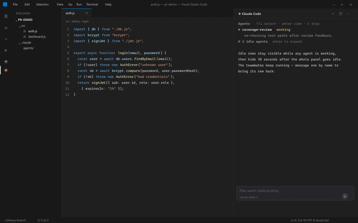 Claude Code panel in VS Code with one teammate working and two idle teammates collapsed into a single '2 idle agents' counter row that Enter expands