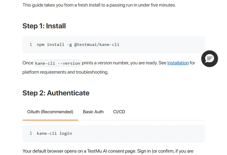 Kane CLI quick start - install and authenticate TestMu AI Kane CLI quick start documentation showing the npm install command and the kane-cli login authentication step