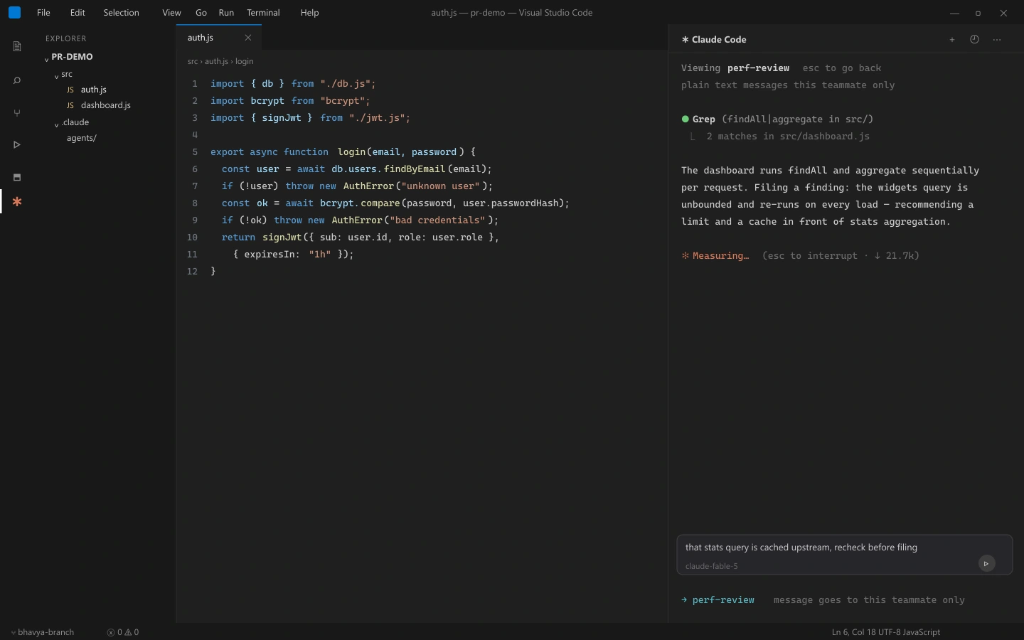 Viewing the perf-review teammate transcript in the Claude Code panel in VS Code with a direct message typed in the input box telling it the stats query is cached and to recheck before filing the task