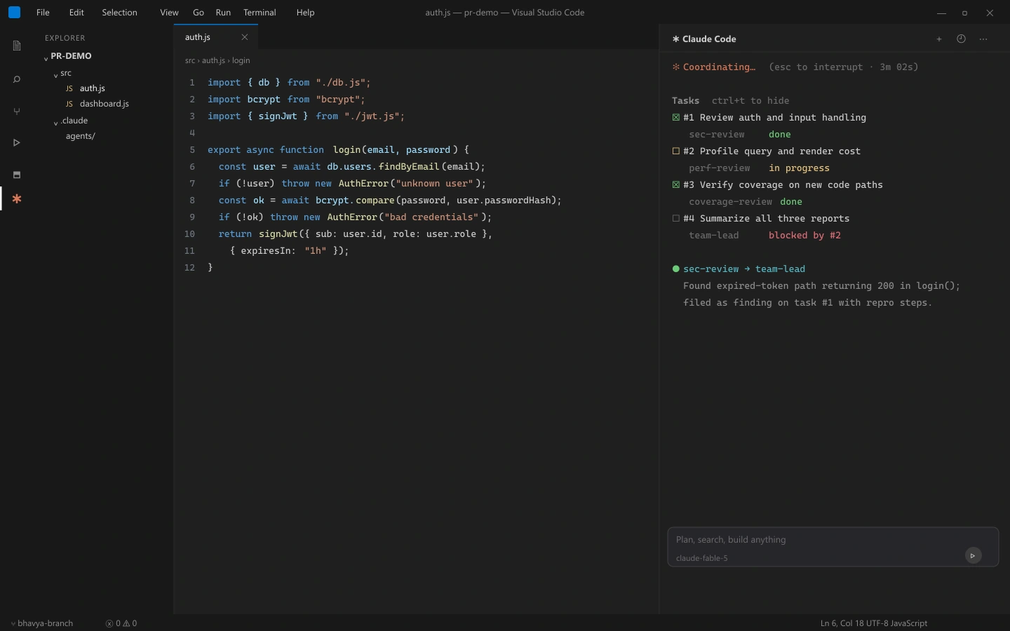 Claude Code panel in VS Code with the shared task list opened via Ctrl+T, showing four tasks - two done, one in progress, and the summary task blocked - plus a finding message from sec-review to the team lead