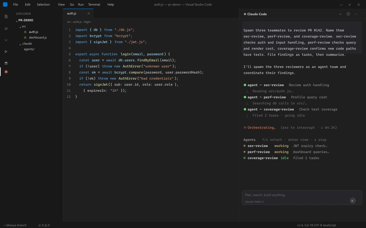 Claude Code panel in VS Code during a three-teammate PR review: the spawn prompt, the lead confirming each spawned agent, and the Agents panel showing sec-review and perf-review working while coverage-review sits idle