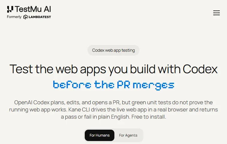 TestMu AI Codex web app testing page describing Kane CLI verifying a Codex-built web app before the pull request merges