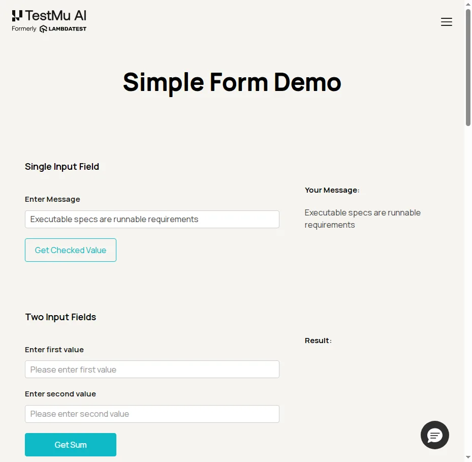Executable specification scenario passing on the TestMu AI cloud grid Simple Form Demo page on TestMu AI showing the submitted message echoed back, confirming the Then step of the executable specification passed