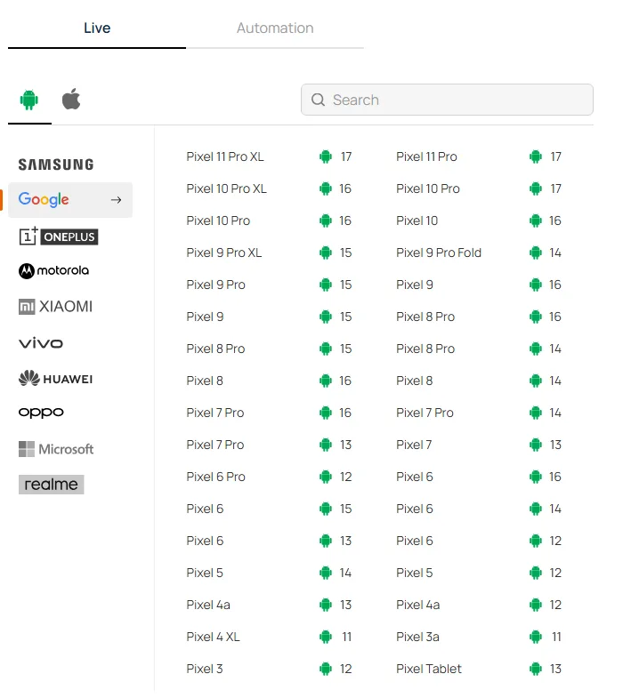 TestMu AI real device list filtered to Google, showing Pixel 11 Pro XL and Pixel 11 Pro on Android 17 at the top of the catalog