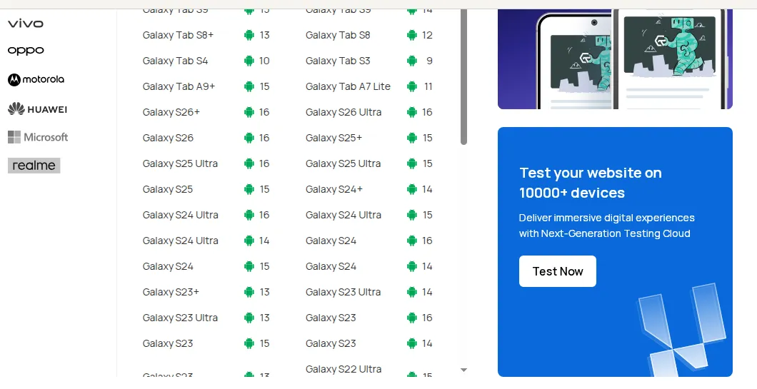 TestMu AI real device cloud catalog listing Samsung Galaxy devices with Android version badges from 9 to 17