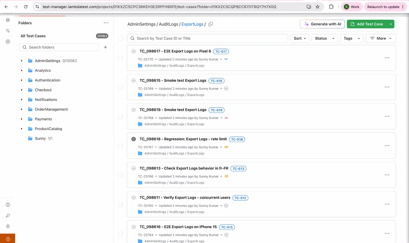Migrated test cases in TestMu AI Test Manager with folder tree and source IDs intact Migrated test cases in TestMu AI Test Manager showing the preserved folder tree and original source IDs kept as tags