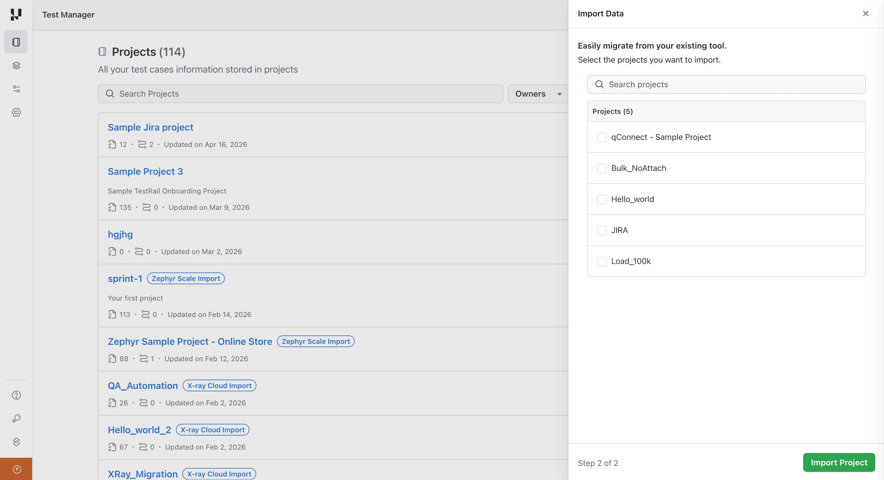 Selecting qTest projects to import into TestMu AI Test Manager TestMu AI Test Manager Import Data panel listing qTest projects available to select for migration