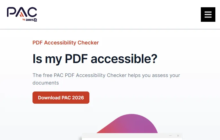 PAC 2026 PDF Accessibility Checker from axes4 PAC PDF Accessibility Checker homepage by axes4 offering a free PAC 2026 download