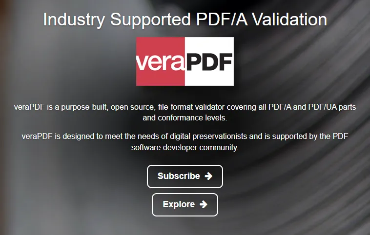 veraPDF open source PDF/A and PDF/UA validator veraPDF homepage describing industry supported PDF/A validation covering all PDF/A and PDF/UA parts