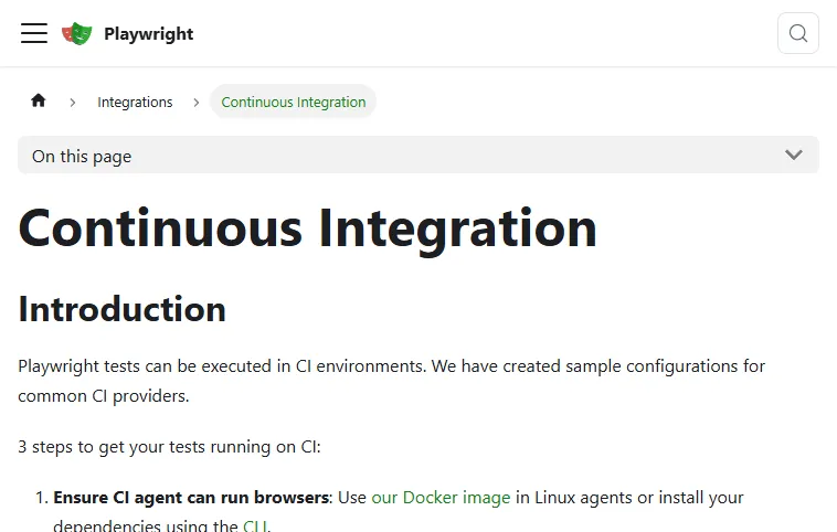 Playwright official Continuous Integration documentation listing the 3 steps to get tests running on CI