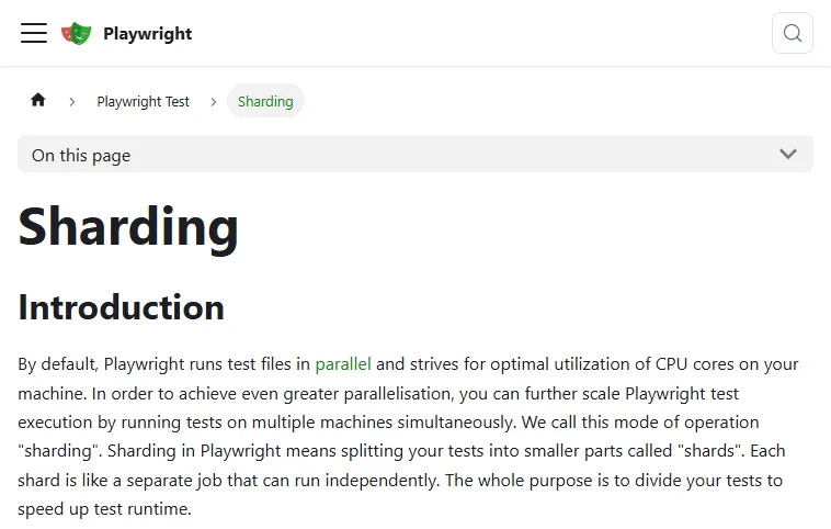 Playwright official sharding documentation explaining how tests are split into shards across multiple machines