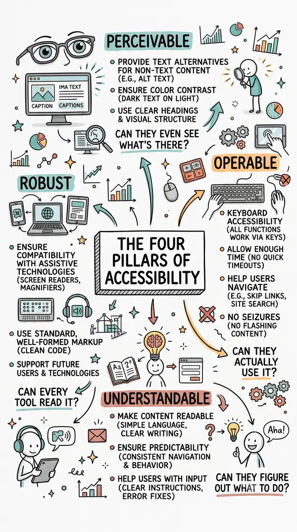 The four POUR principles at a glance Infographic titled The Four Pillars of Accessibility, summarizing Perceivable, Operable, Understandable, and Robust with icons and testing tips for each principle