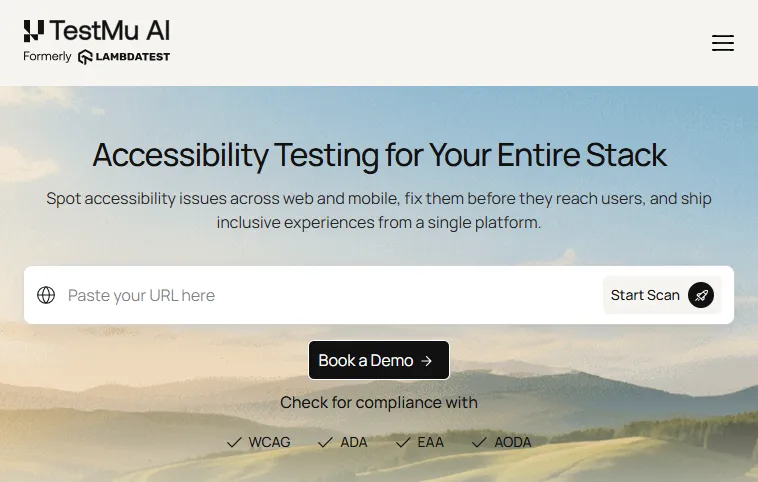 TestMu AI accessibility testing suite TestMu AI accessibility testing landing page showing WCAG, ADA, EAA, and AODA compliance scanning options