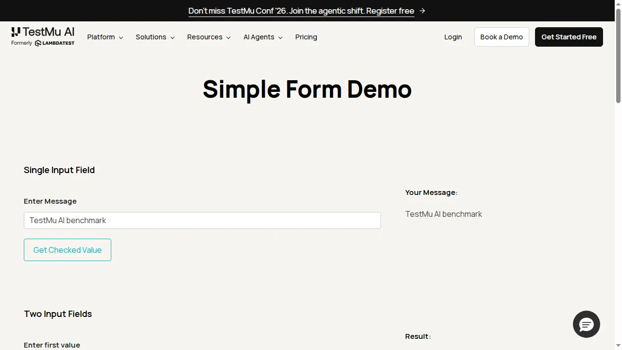 Playwright benchmark run on TestMu AI Browser Cloud showing the Simple Form Demo with the submitted message rendered