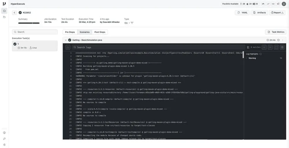 Gatling job results on HyperExecute HyperExecute Jobs view for a completed Gatling run showing job summary, scenarios, logs, artifacts and report tabs