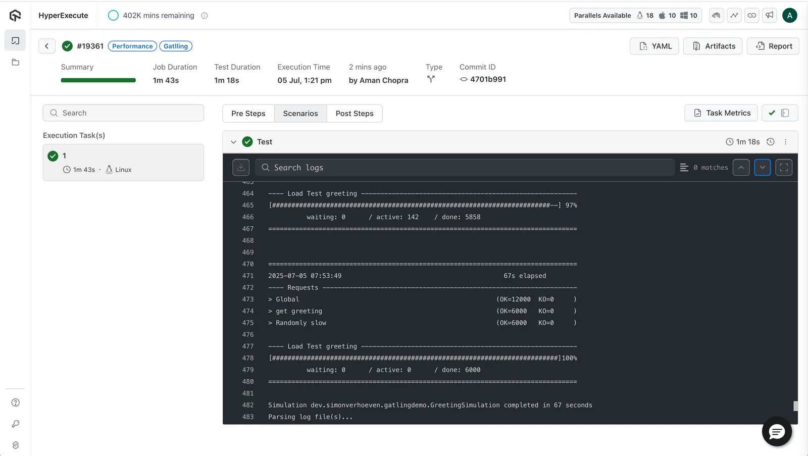 Gatling project on the HyperExecute Projects dashboard HyperExecute Projects dashboard with a Gatling performance project and its uploaded simulation files