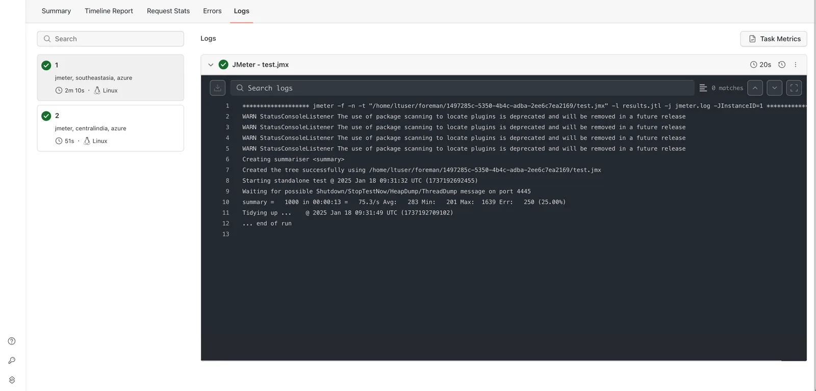 JMeter Logs view on HyperExecute HyperExecute JMeter Logs view showing raw execution output for the performance job