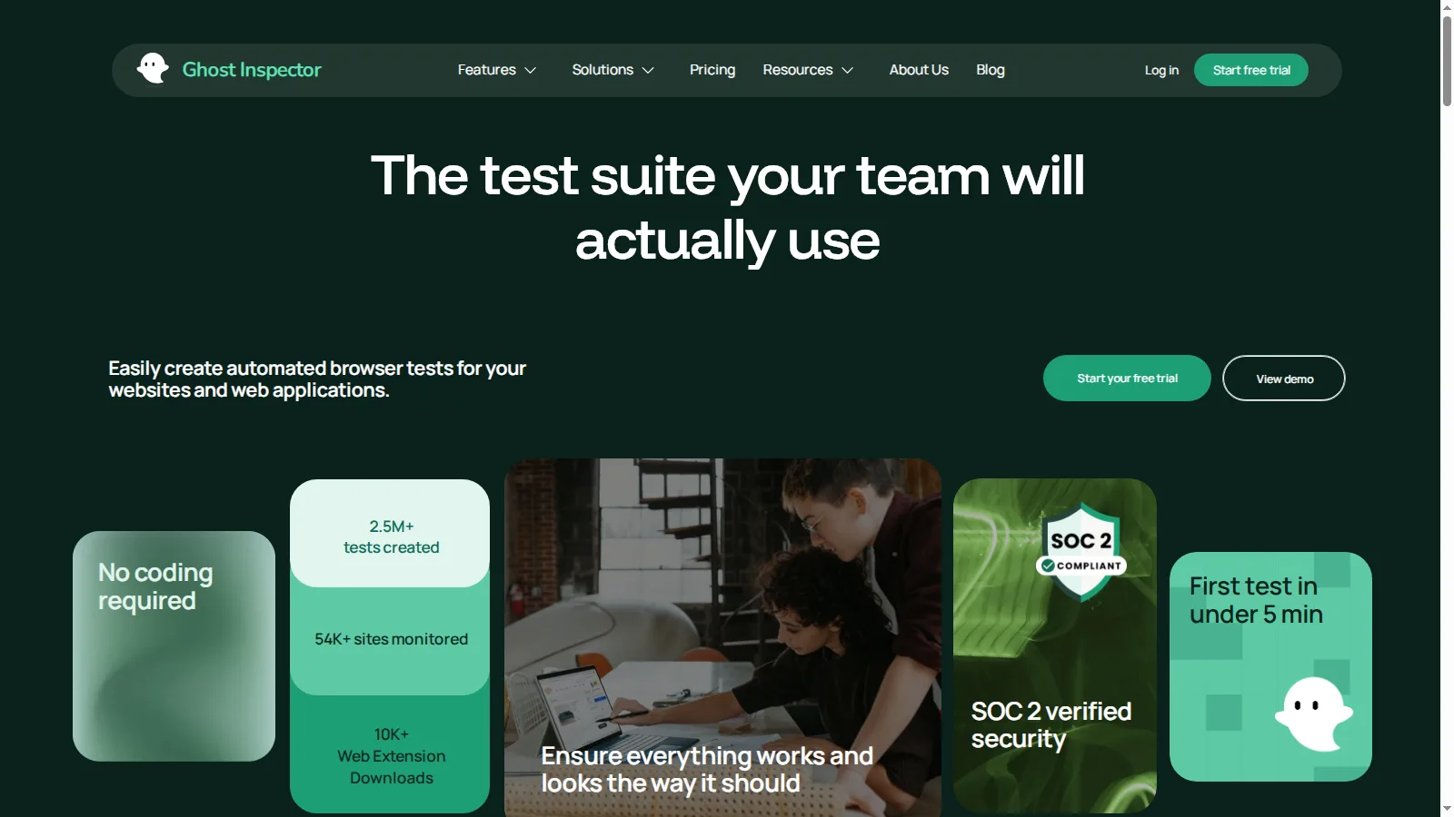 Ghost Inspector no-code browser testing Ghost Inspector homepage describing a test suite teams will use, with no-code browser test automation
