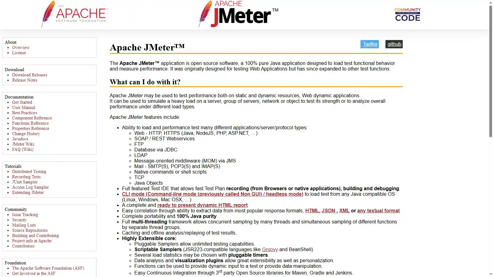 Apache JMeter load testing Apache JMeter homepage listing the protocols and features of the open-source load testing application