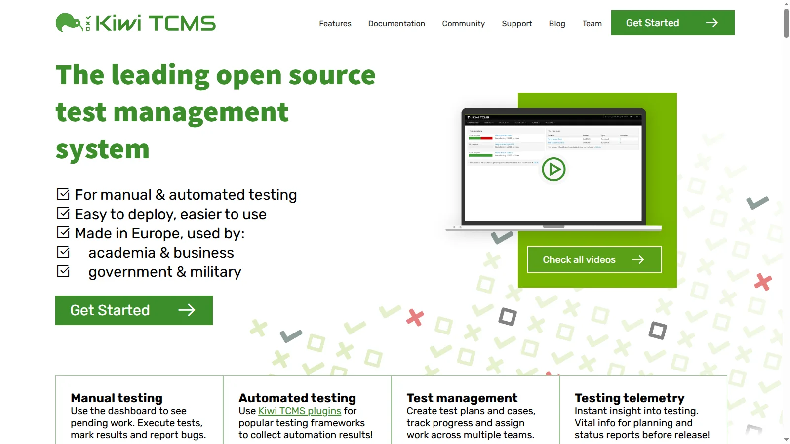 Kiwi TCMS open source test management Kiwi TCMS homepage describing the open source test management system for manual and automated testing