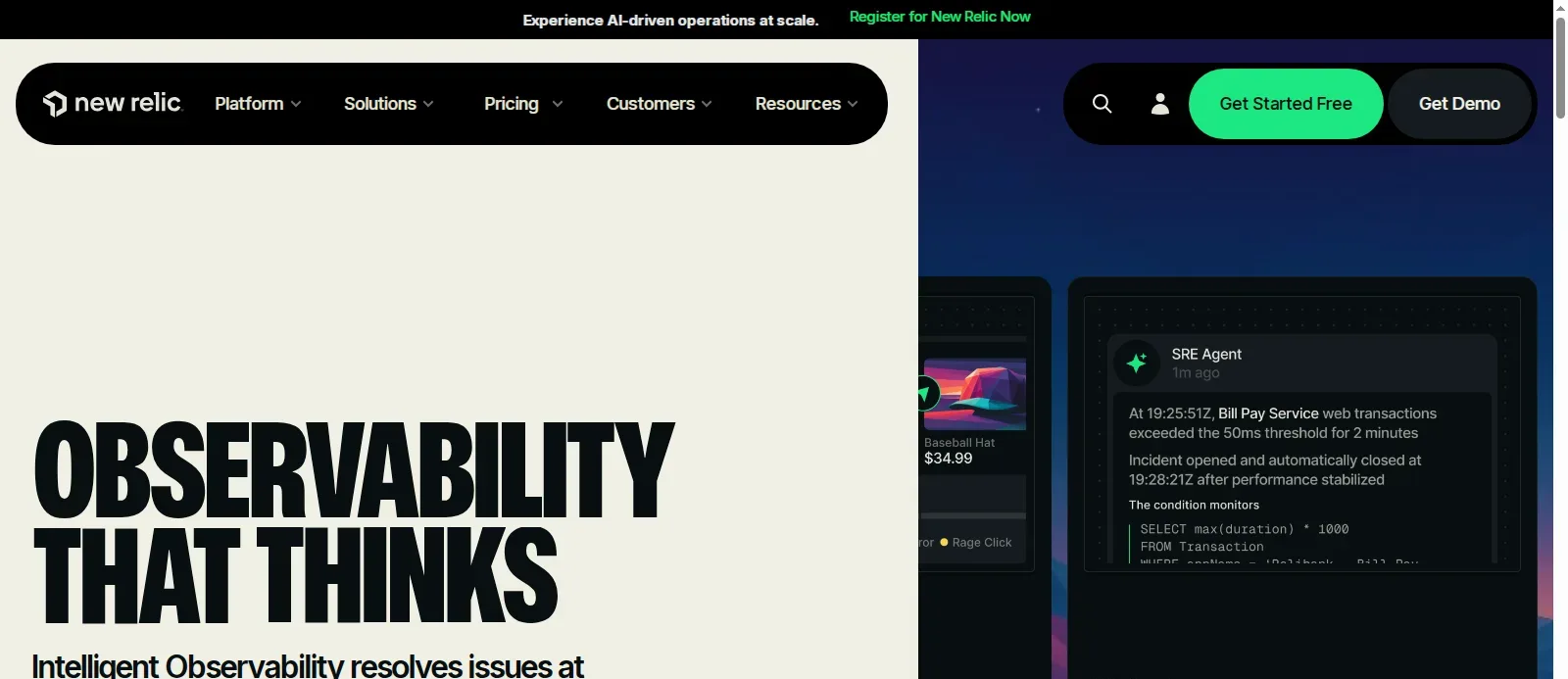 New Relic observability platform New Relic homepage describing intelligent observability that resolves issues at scale